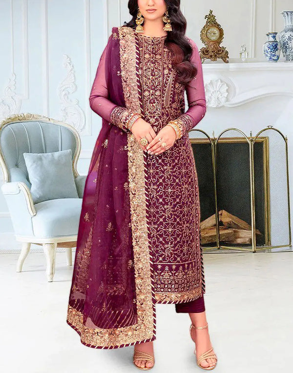 Exquisite Embroidered Deep Plum Chiffon Wedding Dress – Ideal for Parties & Weddings