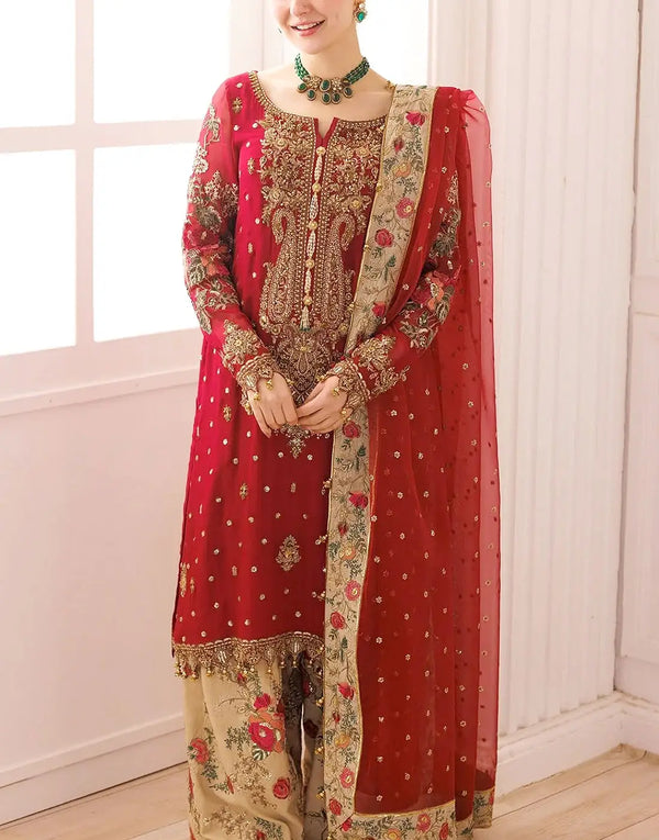 Luxury Handwork Embroidered Red Chiffon Wedding Dress for Women