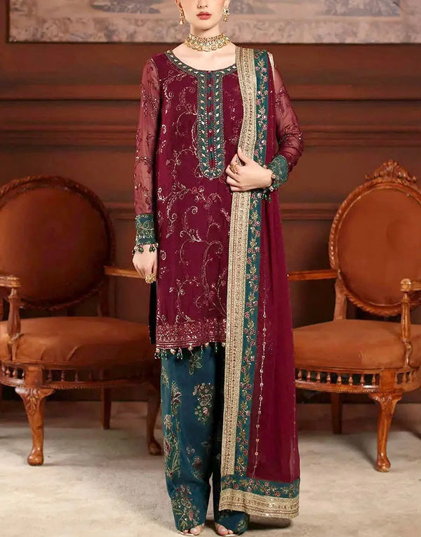 Modern Heavy Embroidered Maroon Chiffon Dress with Emb. Peacock Green Silk Trouser