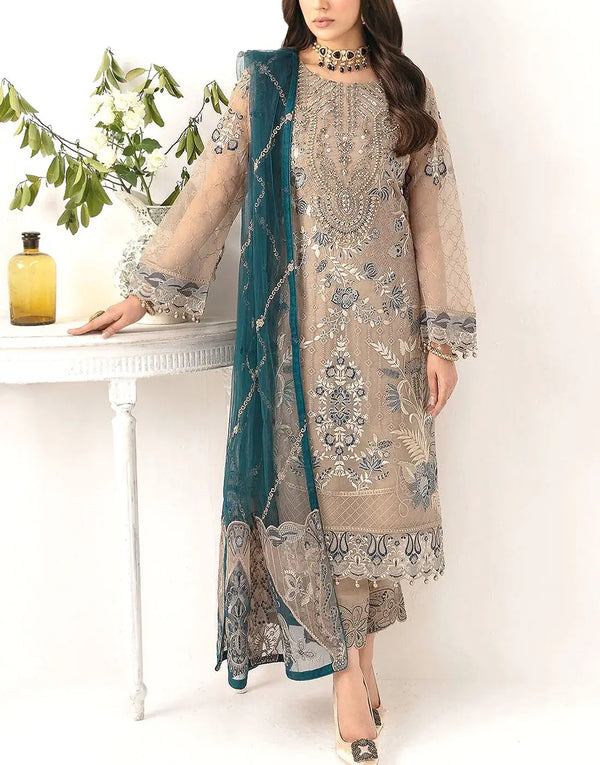 Sophisticated Embroidered Gray Chiffon Wedding Dress with Embroidered NET Dupatta