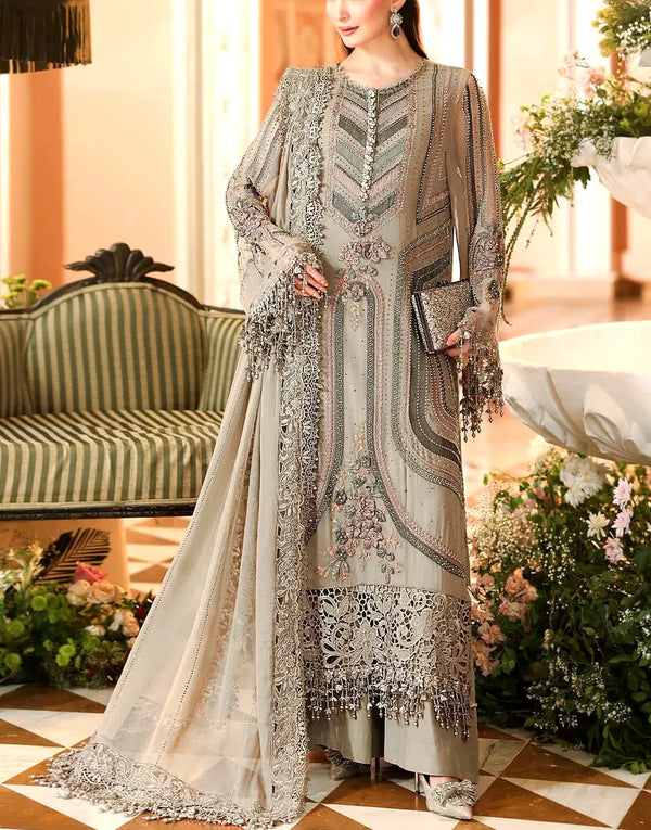 Glamorous 3D Handwork & Heavy Embroidered Sage Grey Chiffon Wedding & Party Wear Dress