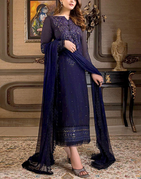 Graceful Embroidered Navy Blue Chiffon Wedding Dress for Pakistani Brides & Occasions