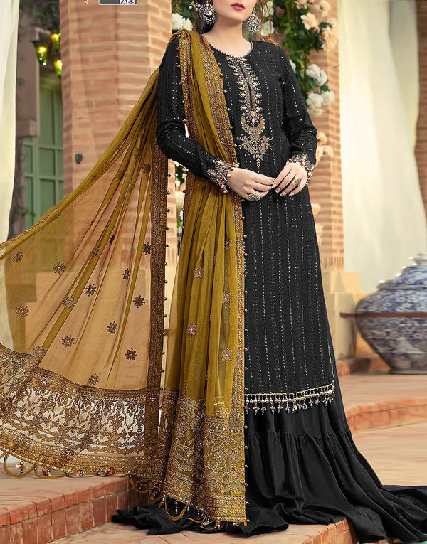 Heavy Embroidered Black Chiffon Wedding Dress
