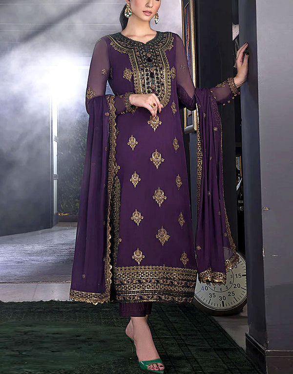 Elegant Embroidered Purple Chiffon Wedding Dress