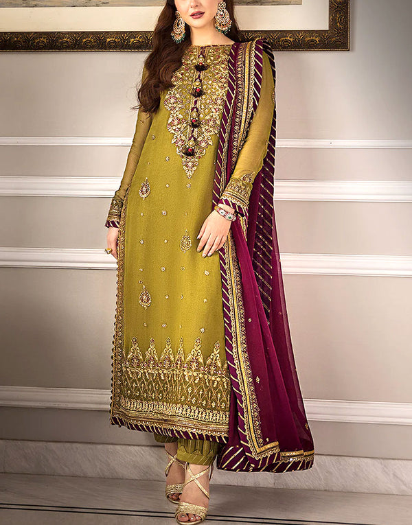 Heavy Embroidered Chiffon Mehndi Dress for Wedding Functions