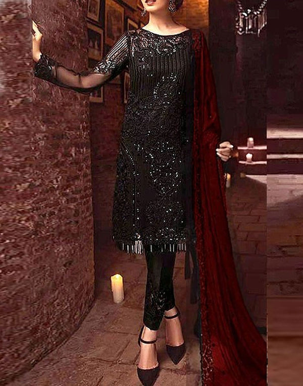 Elegant Sequins Embroidered Black Chiffon Party Wear Dress