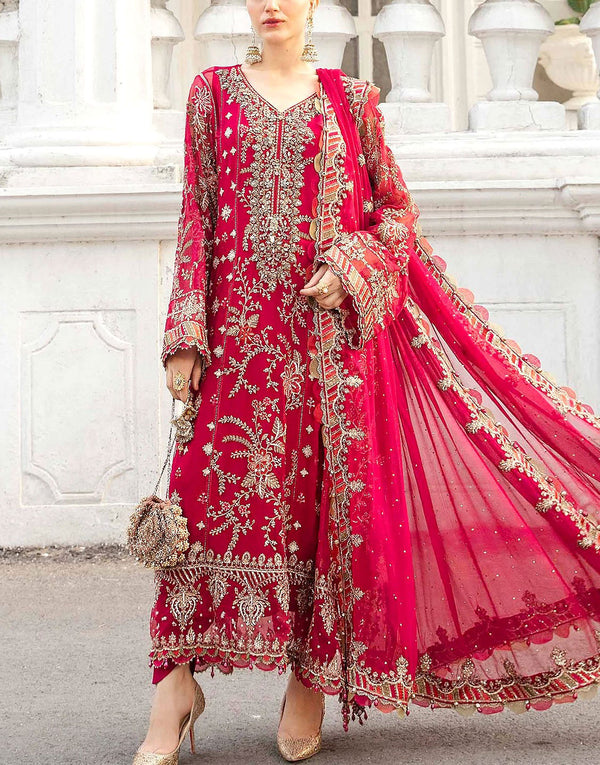 Luxury Embroidered Fluorescent Magenta Chiffon Wedding Dress with Heavily Embellished Neckline