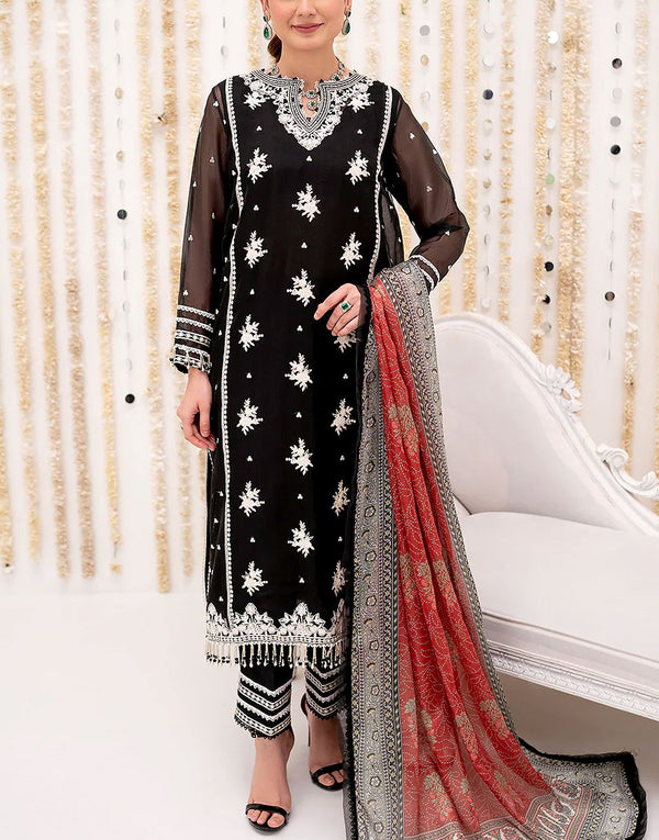 Formal Embroidered Black Chiffon Wedding Dress with Silk Dupatta