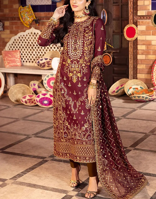 Elegant Embroidered Chiffon Maroon Wedding Dress Design 2026