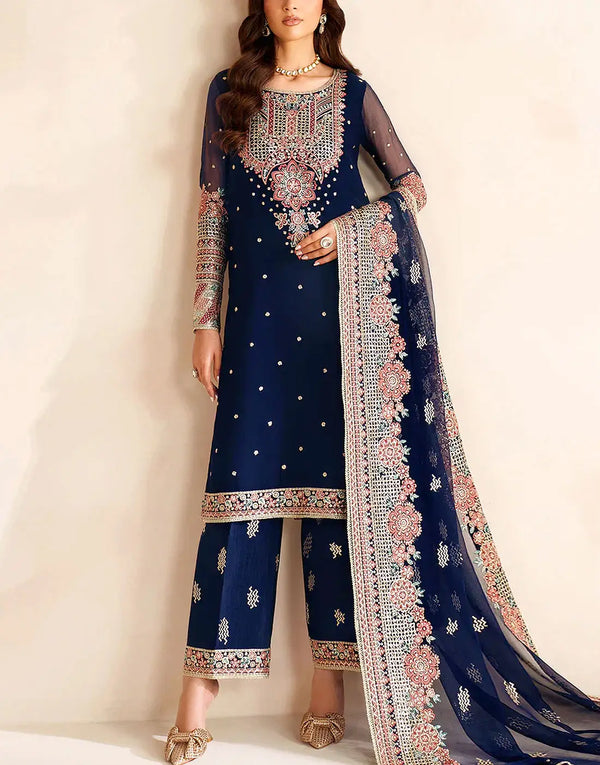 Ethnic Heavy Embroidered Navy Blue Chiffon Wedding Dress with Stylish Detailing