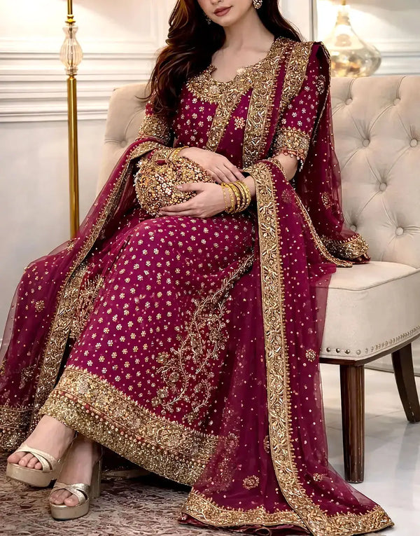 Heavy Embroidered & Adda Work Long Chiffon Bridal Dress with Matching Potli Bag