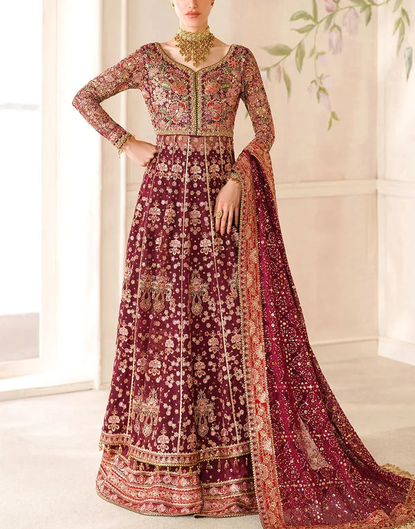 Glamorous Heavy Embroidered Chiffon Bridal Maxi Dress - Perfect for Wedding Functions