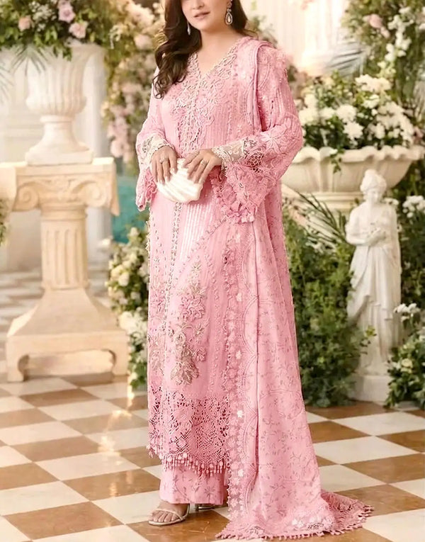 Luxury Embroidered & Hand Embellished Pink Chiffon Dress – Perfect for Wedding & Formal Events