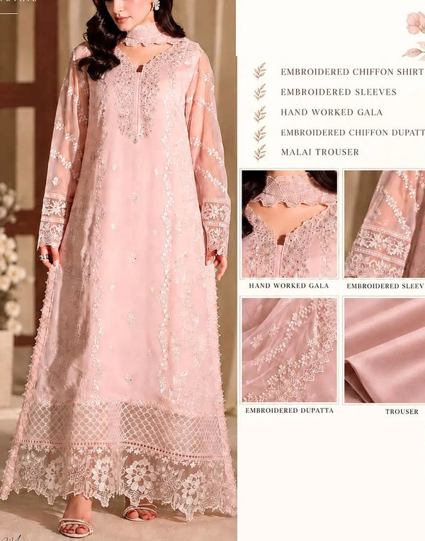 Traditional Embroidered Pink Chiffon Wedding Wear Dress with Silk Trouser