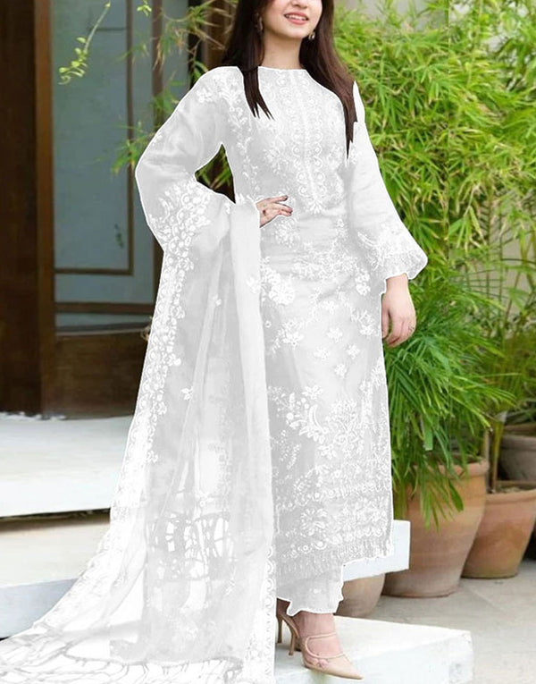 Elegant Embroidered White Cotton Lawn Dress with Chiffon Dupatta
