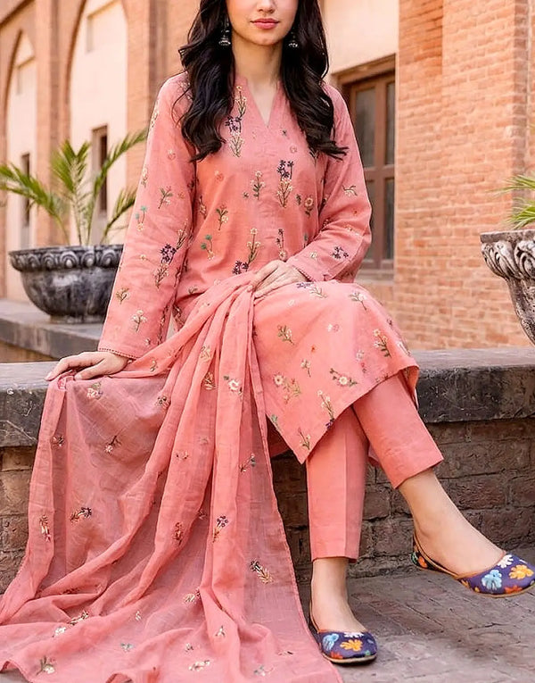 Fancy Embroidered Cotton Party Dress with Emb. Chiffon Dupatta