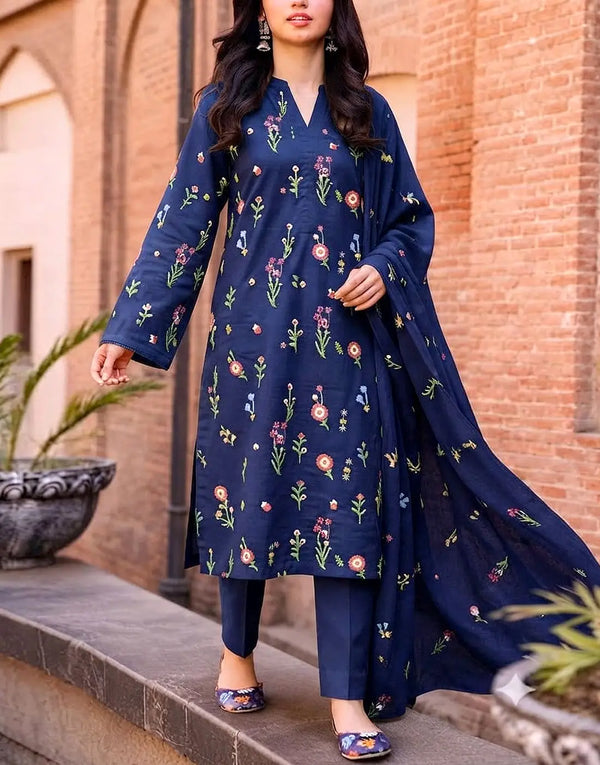 Fancy Embroidered Cotton Party Dress with Emb. Chiffon Dupatta