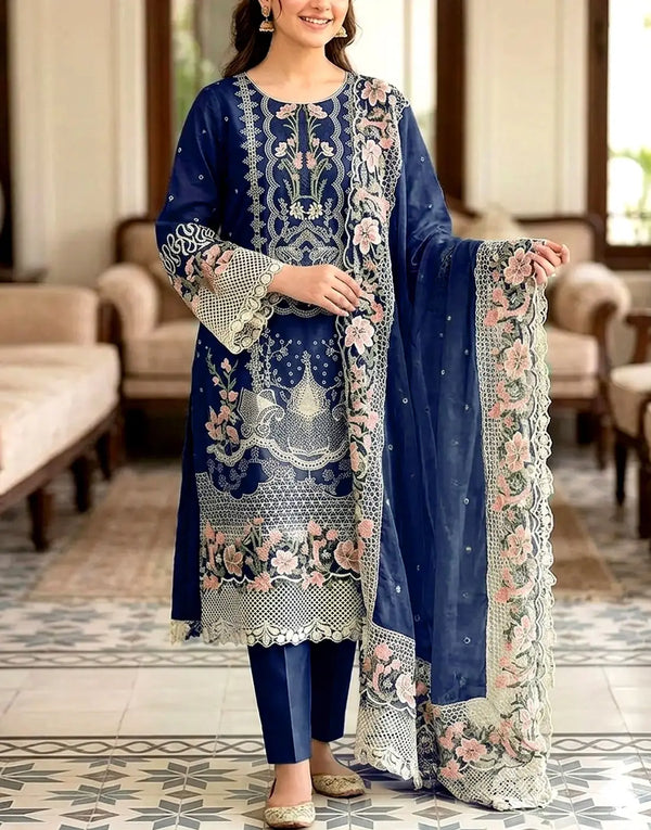 Heavy Schiffli Embroidered Navy Blue Cotton Party Dress with Emb. Chiffon Dupatta