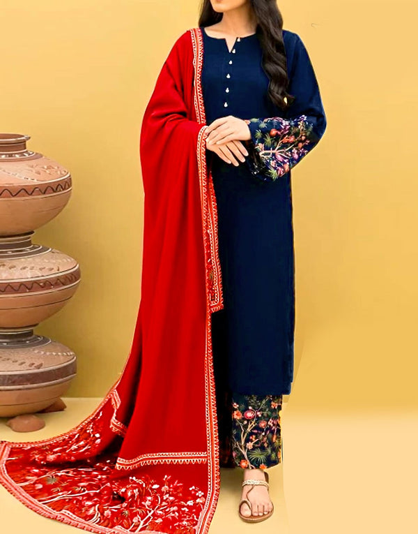 Elegant Embroidered Dhanak Suit with Dhanak Shawl