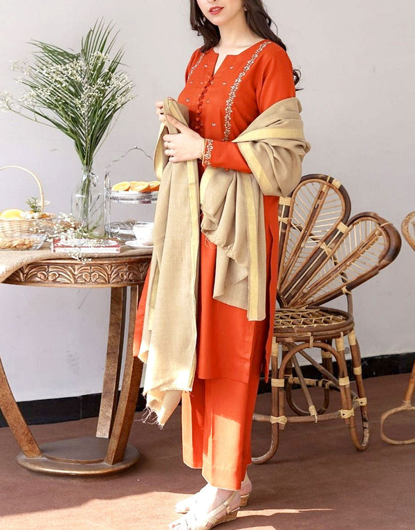 Decent Embroidered Dhanak Dress with Dhanak Shawl Dupatta