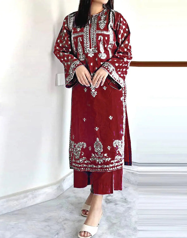 Classy 2-Piece Embroidered Maroon Dhanak Dress for Winter