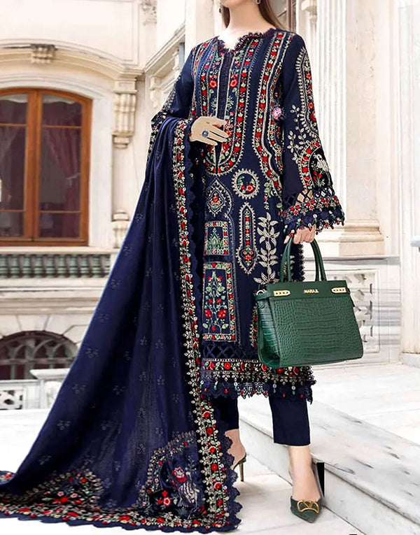 Traditional Heavy Embroidered Navy Blue Dhanak Dress with Emb. Dhanak Shawl