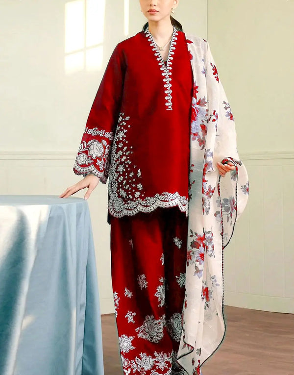 Most Demanding Embroidered Red Dhanak Dress with Embroidered Bottoms