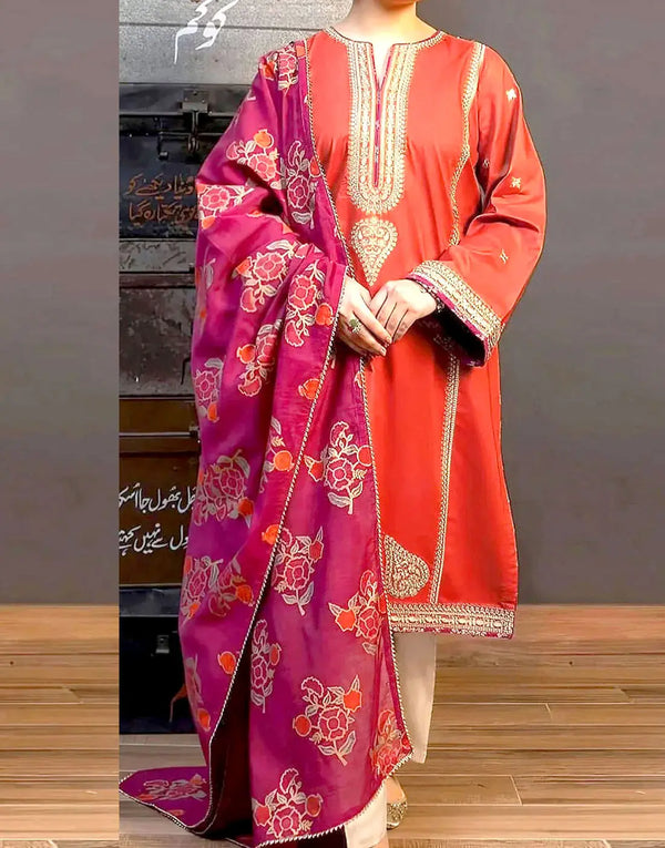 Elegant Embroidered Dhanak Winter Dress with Kotrai Shawl