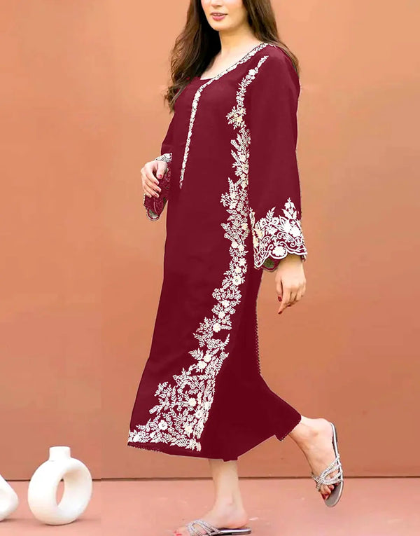 Trendy 2-Piece Embroidered Maroon Dhanak Dress for Daily Wear