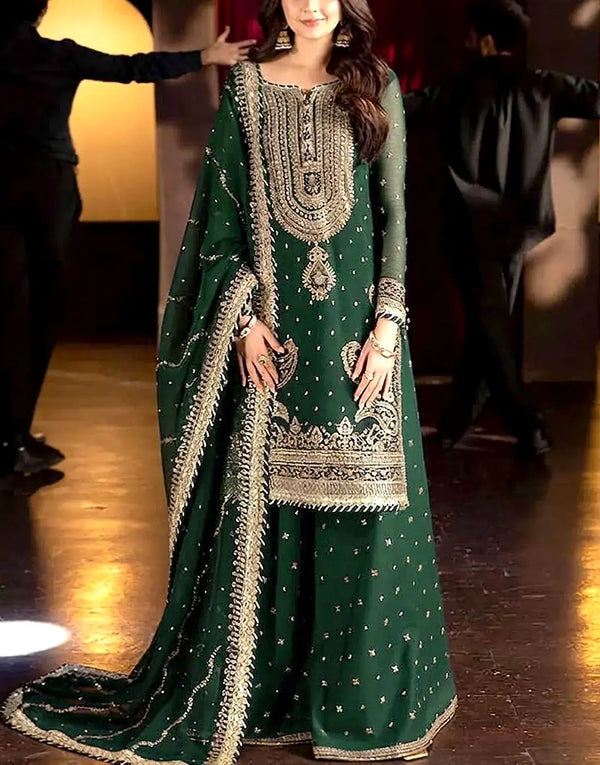 Glamorous Embroidered Formal Bottle Green Chiffon Dress - Perfect for Party & Weddings