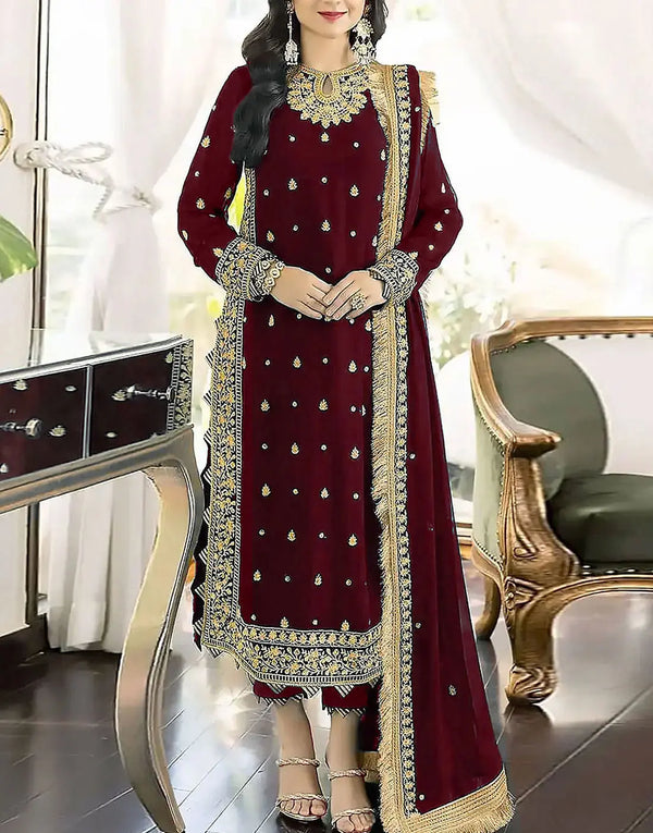 Stylish Heavy Embroidered Maroon Chiffon Dress for Party Events