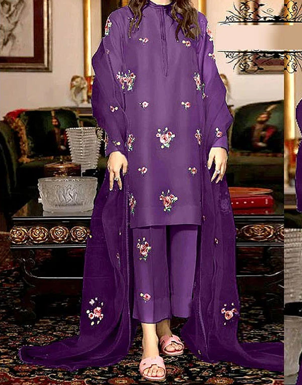 Sequins Embroidered Katan Silk Suit with Embroidered Organza Dupatta