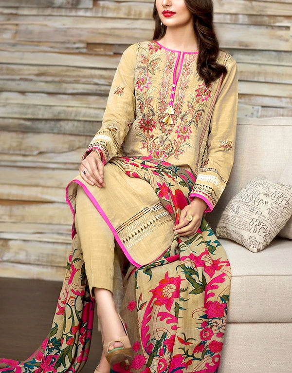 Heavy Front Panel Embroidered Skin Khaddar Dress with Khaddar Shawl