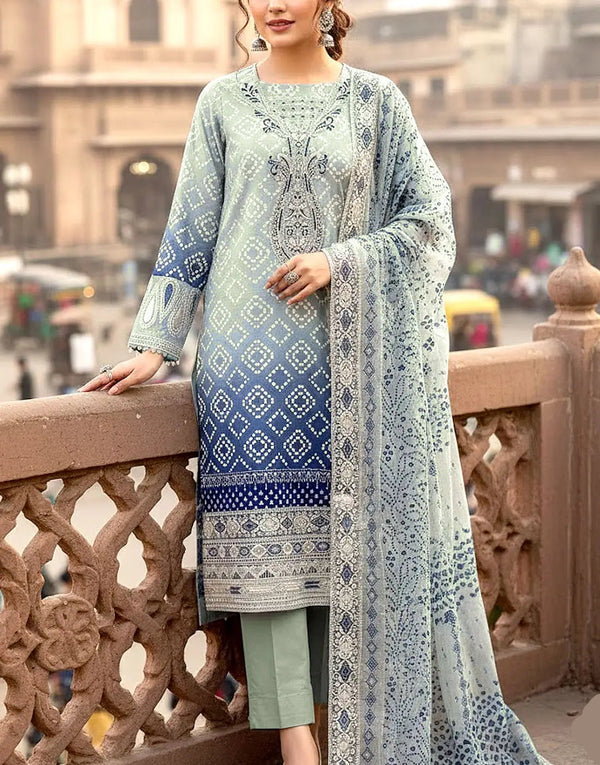 SALE—Heavy Embroidered Chunri Print Lawn Dress Design with 4-Side Emb. Chiffon Dupatta