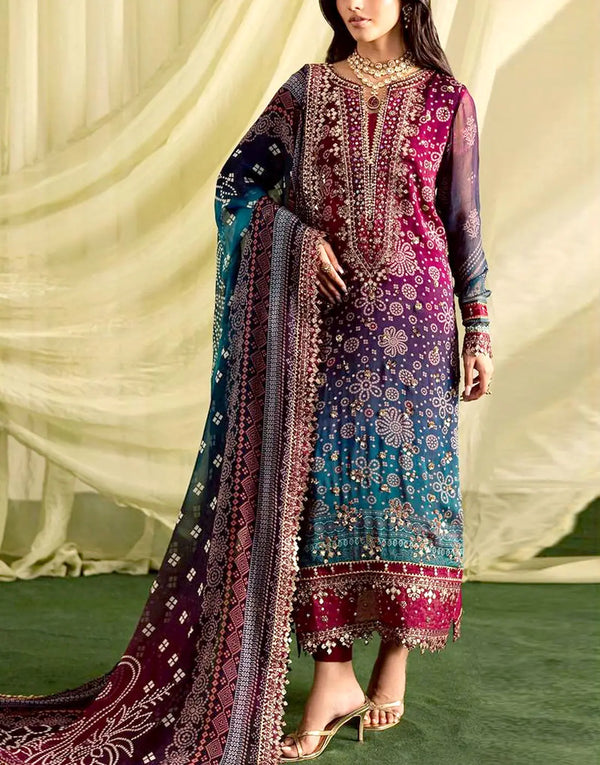 SALE—Digital Print Embroidered Multicolor Ombre Lawn Dress with 4-Side Emb. Chiffon Dupatta