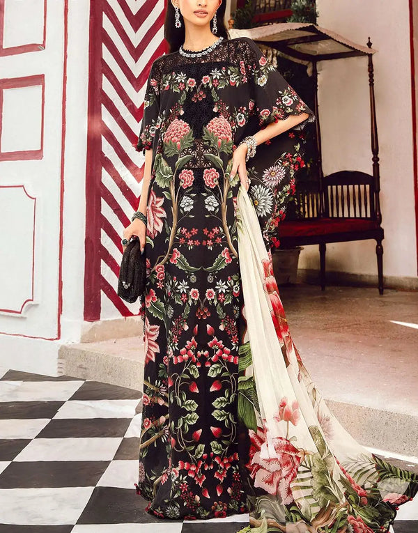 All-Over Floral Print Embroidered Black Lawn Dress for EID and Formal Party Wear