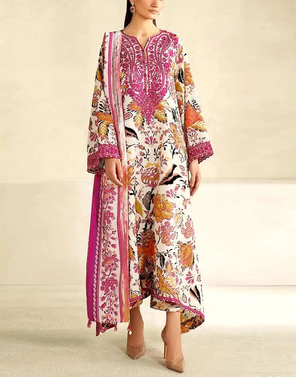 SALE—All-Over Flower Print Embroidered Lawn Suit with Chiffon Dupatta