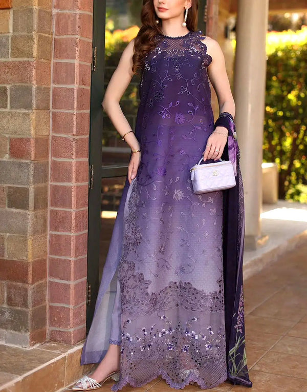 Trendy Ombre Embroidered Purple Lawn Dress with 4-Side Embroidery Chiffon Dupatta