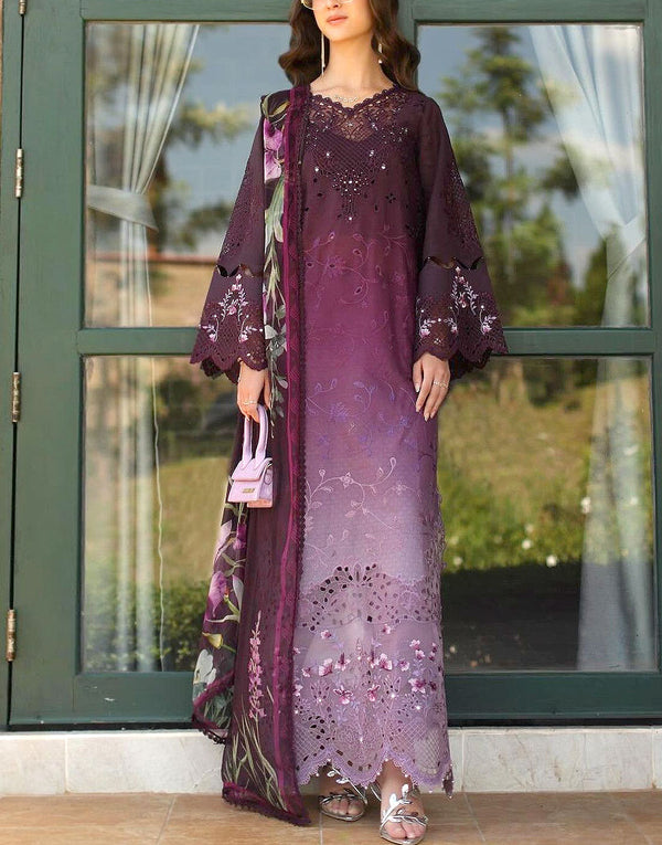 SALE—Trendy Ombre Embroidered Purple Lawn Dress with 4-Side Embroidery Chiffon Dupatta