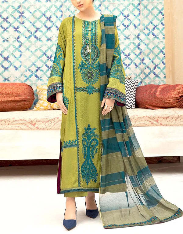 Heavy Embroidered Olive Green Lawn Dress with Printed Bana Dora Dupatta
