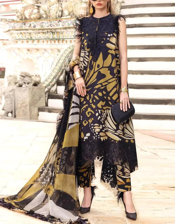 All-Over Butterfly Print Embroidered Lawn Dress with Emb. Chiffon Dupatta
