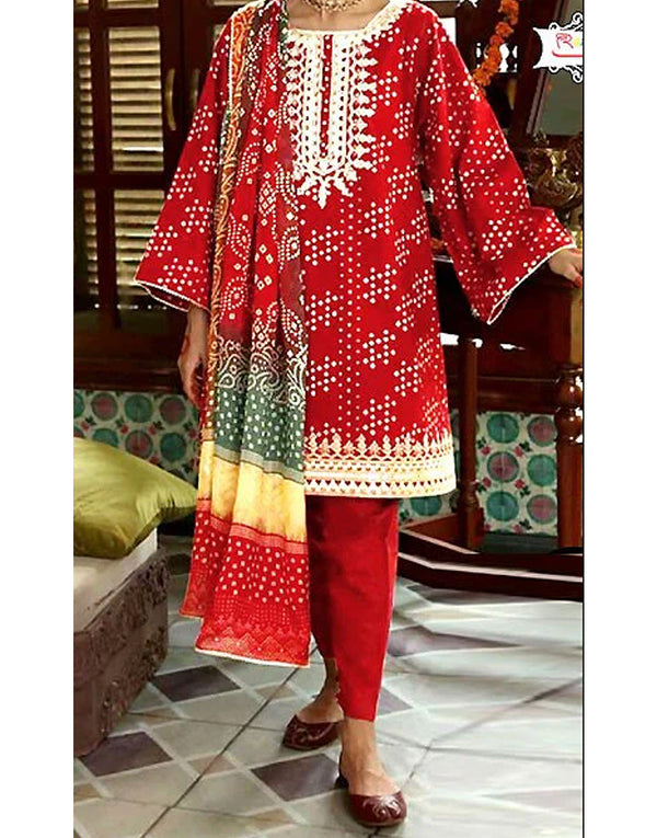Embroidered Chunri Print Lawn Dress with Chiffon Dupatta