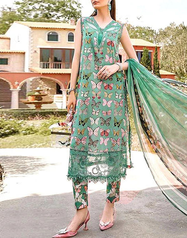 Trendy Butterfly Print Embroidered Lawn Dress with Diamond Lawn Dupatta