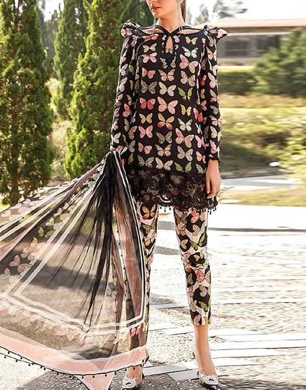 Trendy Butterfly Print Embroidered Lawn Dress with Chiffon Dupatta