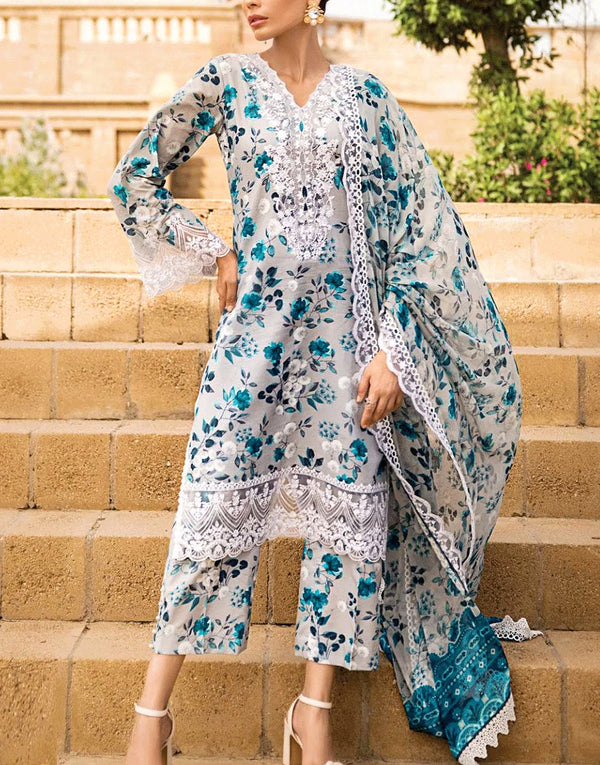 Digital Print Embroidered Swiss Lawn Dress with Organza Dupatta