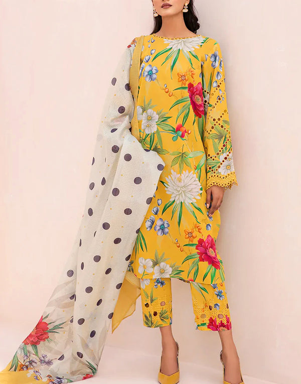 Digital Print Embroidered Swiss Lawn Dress with Silk Dupatta