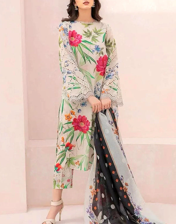 Digital Print Embroidered Lawn Suit with Silk Dupatta
