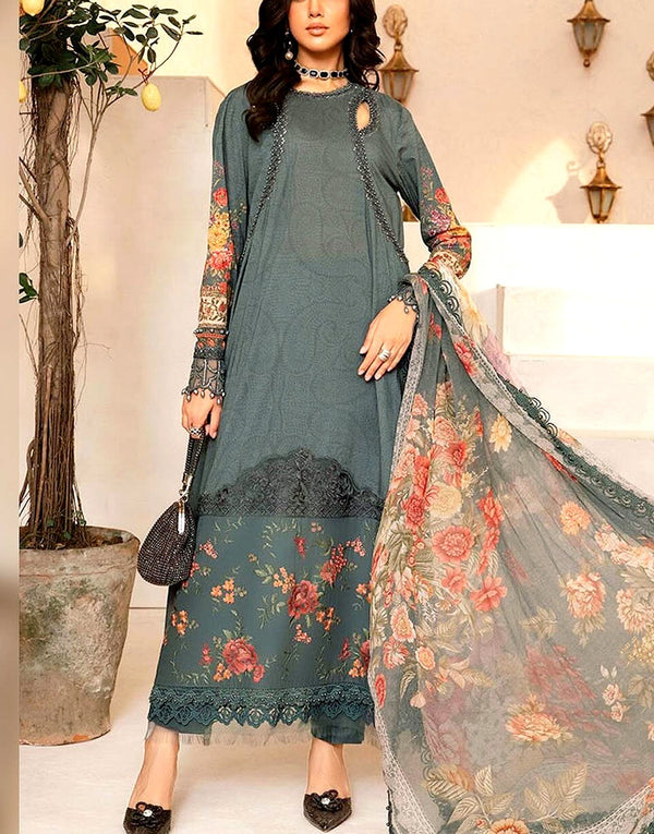 SALE - Luxury Embroidered Lawn Dress with Chiffon Dupatta