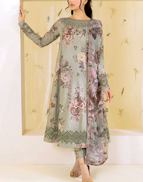 All-Over Digital Print Embroidered Lawn Dress with Silk Dupatta