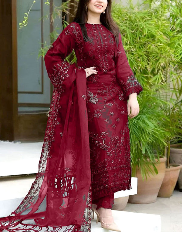 Elegant Embroidered Maroon Cotton Lawn Dress with Chiffon Dupatta